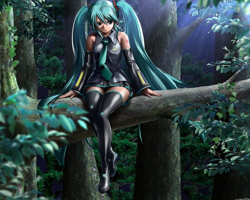 Girl in a Tree, Vocaloid, leaves, young, green, anime, aqua, vocaloid, outfit, forest, female, music, black, sky, singer, bule, tree, girl, teen, pony tails, aqua hair, HD wallpaper