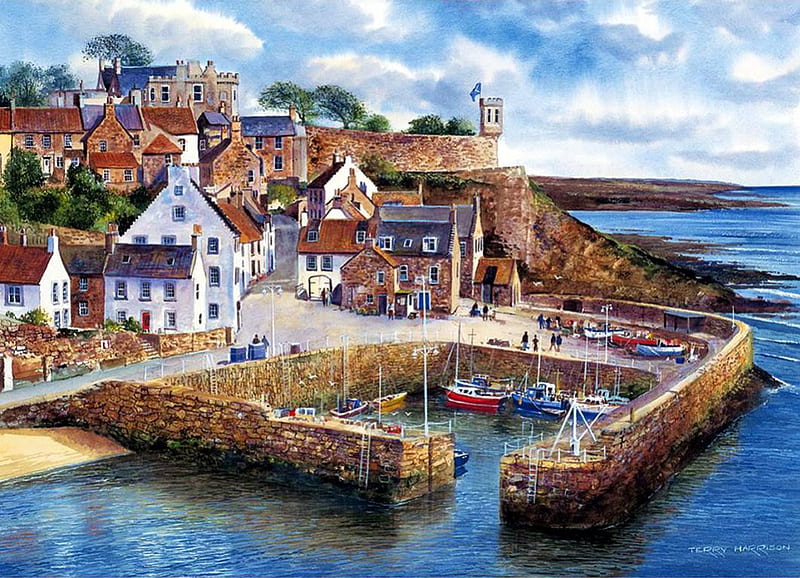 Crail Harbor, Scotland, boats, town, wall, uk, artwork, sea, HD wallpaper