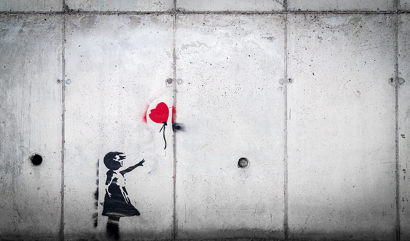 graffiti, child, balloon, love, street art, HD wallpaper