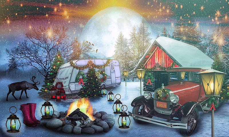 CHRISTMAS Camping, holidays, Moon, snow, Christmad, camping, campfire, Vintage car, winter, HD wallpaper
