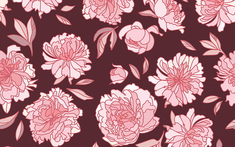 Retro texture with pink flowers, retro peonies texture, red retro ...