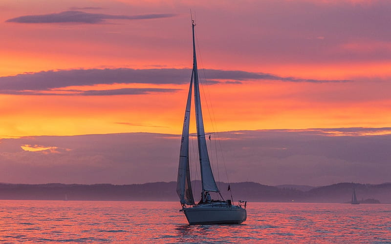 Sailboat at Sunset, sunset, sailboat, yacht, sea, HD wallpaper