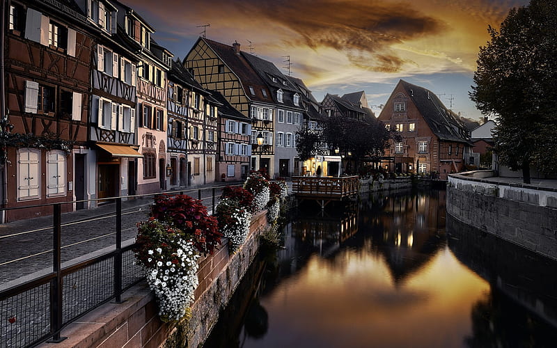 Colmar, sunset, river, old city, Alsace region, France, HD wallpaper