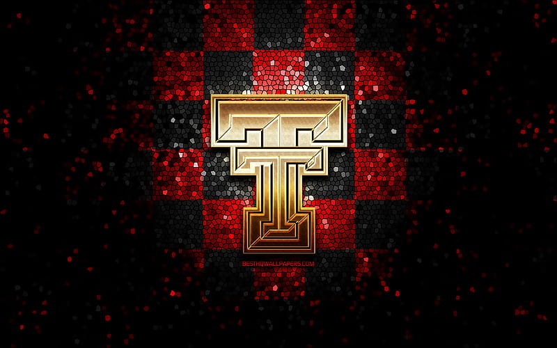 Texas Tech, glitter logo, NCAA, red black checkered background, USA, american football team, Texas Tech logo, mosaic art, american football, America, HD wallpaper