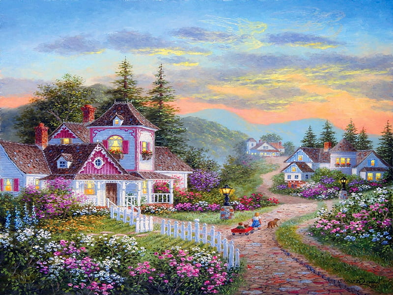 ★Misty Mountain Angel★, family, colorful, children, most ed, digital art, clouds, angels, paintings, flowers, drawings, houses, colors, love four seasons, creative pre-made, spring, sky, trees, weather, mountains, plants, garden, misty, beloved valentines, dogs, HD wallpaper