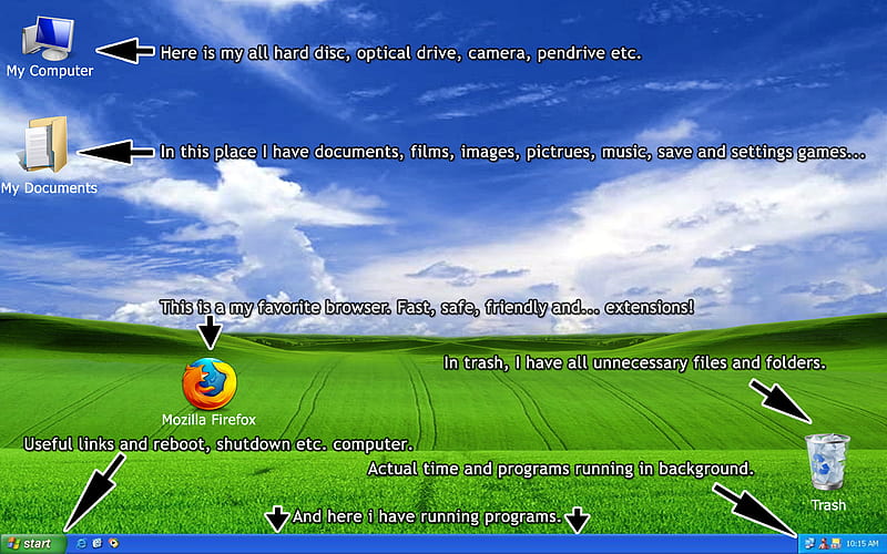 XP with descriptions, start, trash, microsoft, experience, xp, documents, windows, computer, icons, firefox, beginner, HD wallpaper