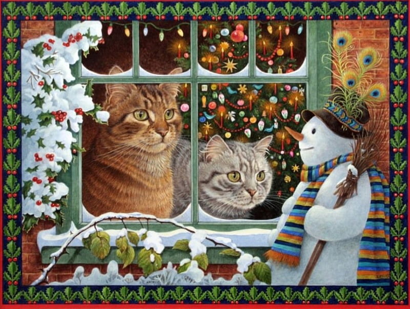 Wonderment of Winter to Cats, cute, christmas tree, Window, christmas, snow, Cats, Painting, snowman, HD wallpaper