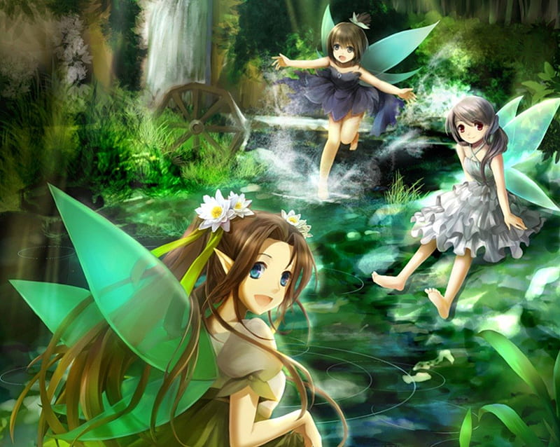 Fairies, pretty, dress, woods, bonito, magic, wing, floral, sweet, blossom, nice, fantasy, anime, hot, beauty, anime girl, long hair, blue eyes, fairy, forest, female, wings, lovely, brown hair, gown, sexy, brown eyes, cute, water, girl, magical, flower, silver hair, HD wallpaper