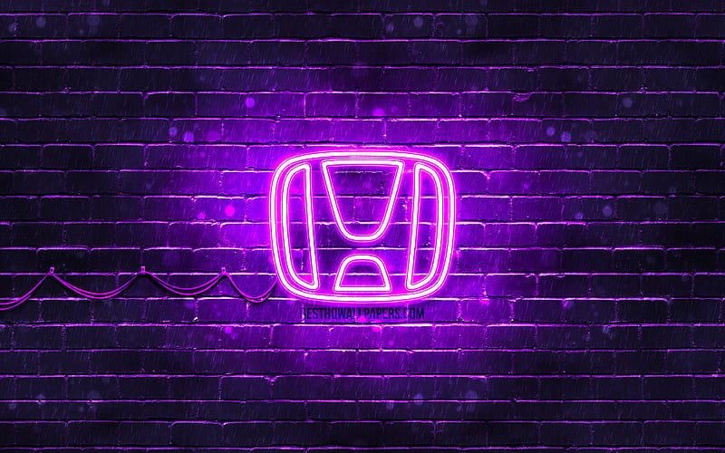Honda violet logo violet brickwall, Honda logo, cars brands, Honda neon logo, Honda, HD wallpaper