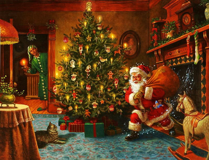Santa comes from Chimney, ornaments, tree, balls, christmas, lights, gifts, HD wallpaper