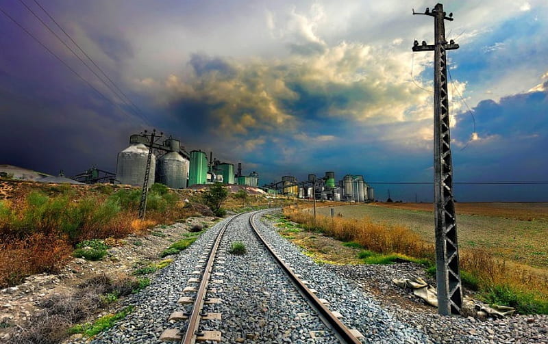 tracks by an abandoned factory, factory, clouds, tracks, electric pole, HD wallpaper