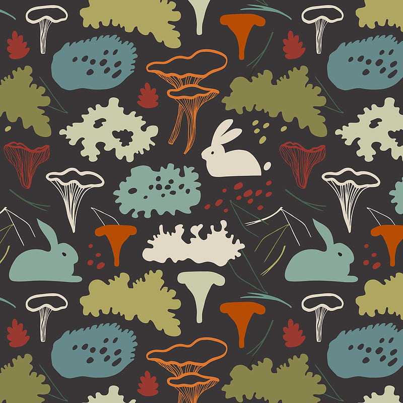 Nordic forest, rabbit, mushroom, pattern, planet, HD phone wallpaper