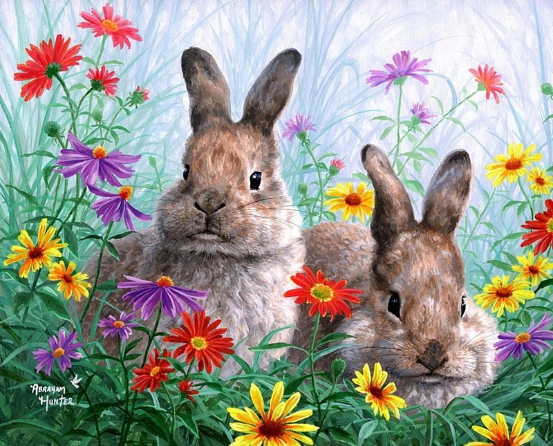 https://w0.peakpx.com/wallpaper/61/997/HD-wallpaper-summertime-bunnies-art-vara-rabbit-abraham-hunter-painting-summer-bunny-pictura-flower.jpg