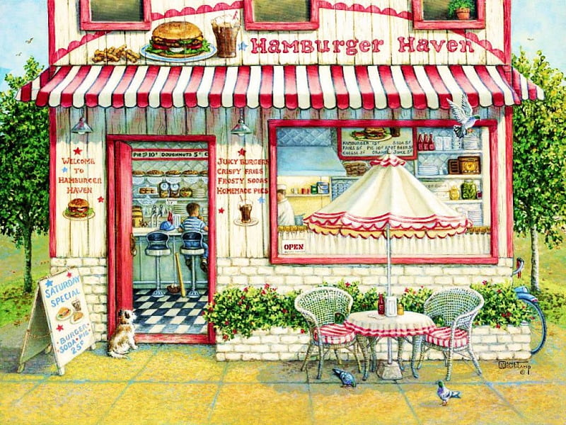 Hamburger Haven, table, shop, house, window, chairs, door, HD wallpaper