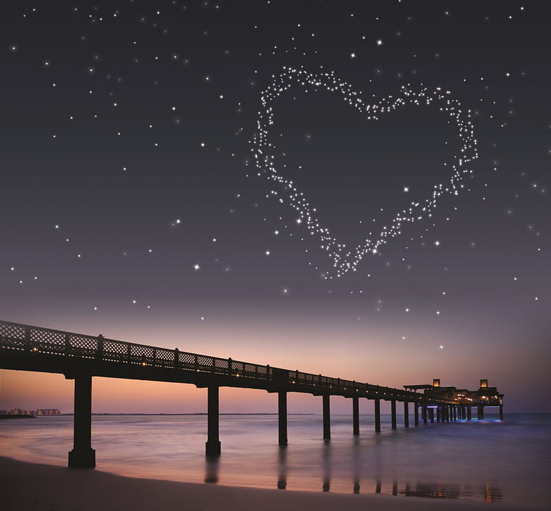 Romantic Evening, stars, ocean, pier, Restaurant, sunset, beach, Valentines, Valentines Day, water, bridge, heart, Valentine, evening, HD wallpaper