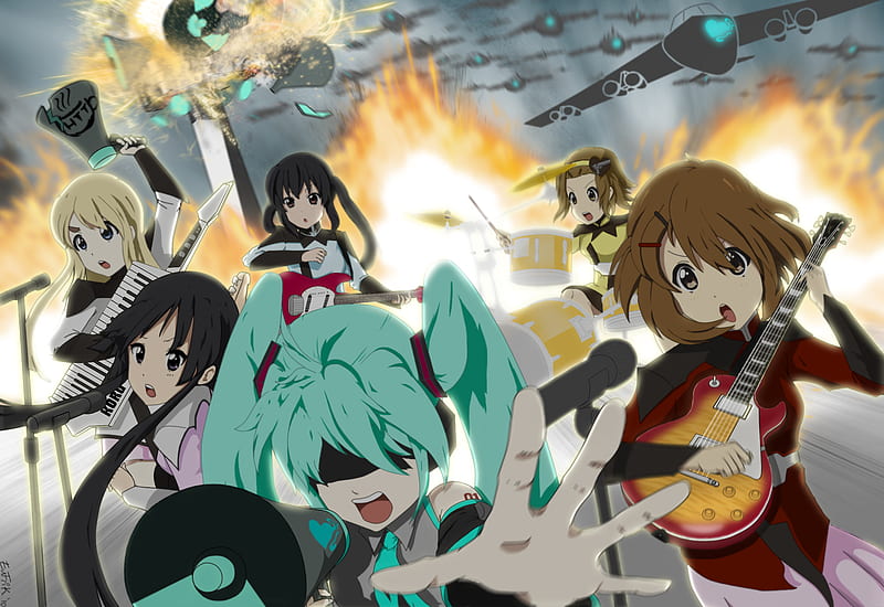 Love is War with K-On, tainaka ritsu, hatsune miku, bass, akiyama mio, crossover, drum, character, kotobuki tsumugi, keyboard, long hair, black hair, vocaloid, k-on, nakano azusa, megaphone, hirasawa yui, female, brown hair, explosion, love is war, blonde hair, twin tails, short hair, guitar, series, aqua hair, musical instrument, HD wallpaper