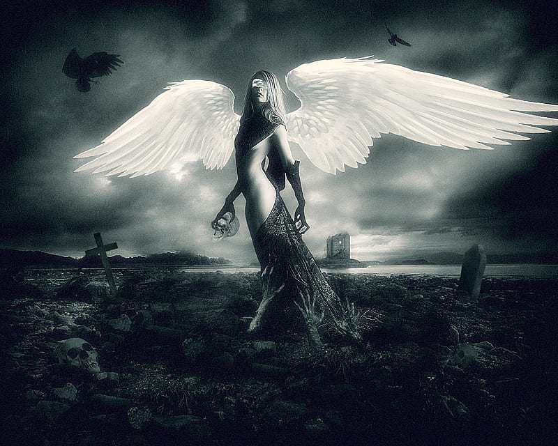 Angel of death, angel, skulls, wings, dark, scary, clouds, woman, sky, HD wallpaper