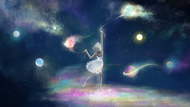 Rearrange the Galaxy, luminos, planet, girl, space, art, wing ki o, galaxy, fantasy, balloon, pink, blue, HD wallpaper