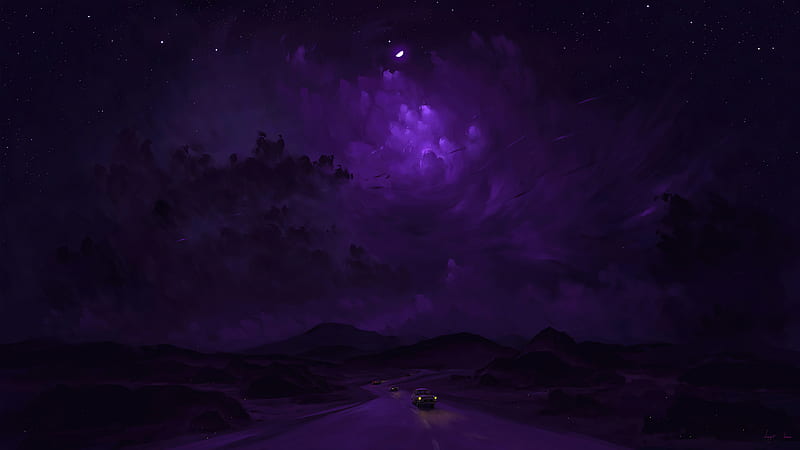 Purple night ride, luminos, purple, car, sky, road, night, art, moon, moon, fantasy, bisbiswas, HD wallpaper
