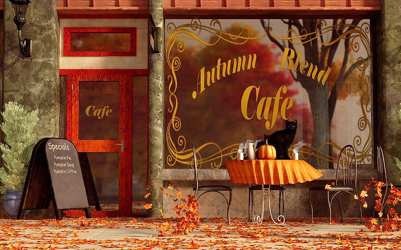 Autumn Blend Cafe, table, cafe, Leaves, quaint, digital art, outdoors, coffee, pumpkin, Autumn, HD wallpaper