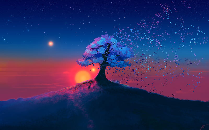 Alone Tree Sunset, tree, sunset, artist, artwork, digital-art, HD wallpaper