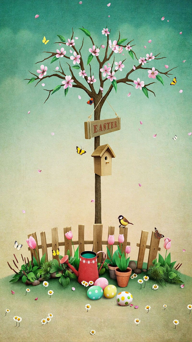 Happy easter, bird, butterflies, eggs, flowers, jesus, plants, spring, tree, tulips, HD phone wallpaper