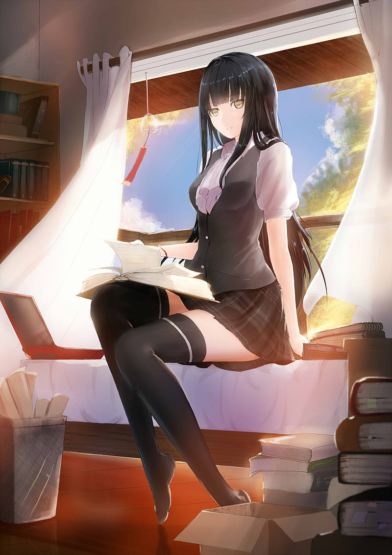 anime, anime girls, long hair, black hair, yellow eyes, books, thigh-highs, HD phone wallpaper
