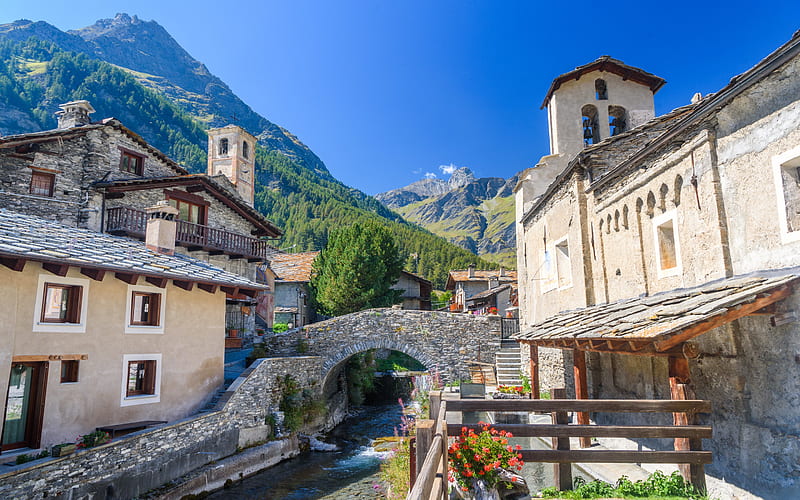 Chianale, Alpine village, mountain river, Chianale cityscape, Alps, mountain landscape, Cuneo, Piedmont, Italy, HD wallpaper