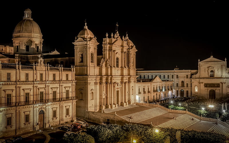Noto Cathedral, Roman Catholic cathedral, evening, night, landmark, Noto, Sicily, Italy, HD wallpaper