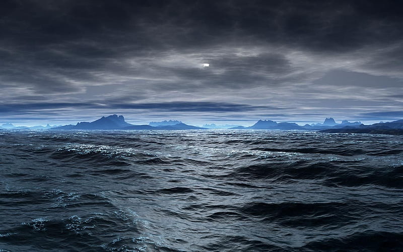 BAD OCEAN, islands, seas, ocean, waves, clouds, stormy, moon, mountains, dark, evening, rough, HD wallpaper