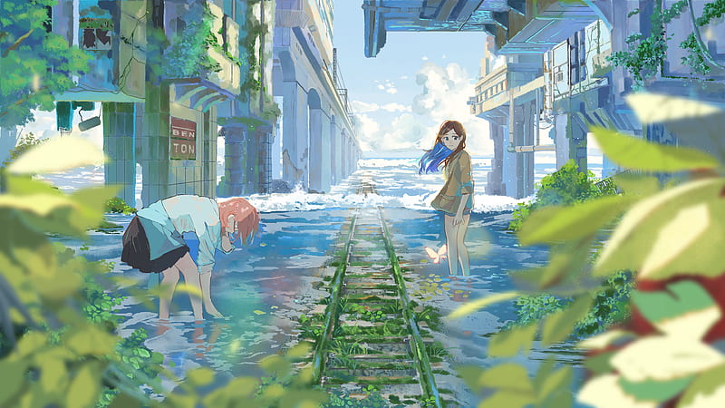 Anime Girls Rail Track Water Buildings Anime Girl, HD wallpaper