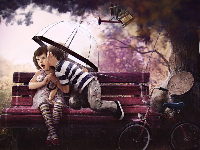 Boy and Girl On Bench Art, love, artist, digital-art, HD wallpaper