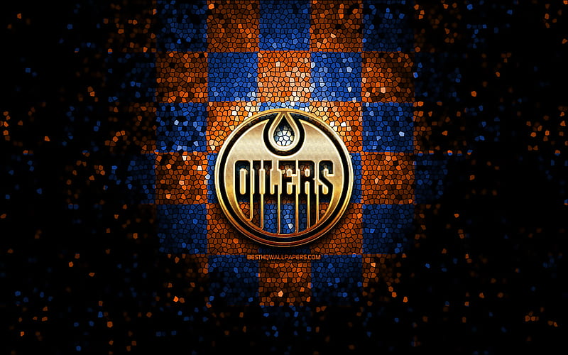 Edmonton Oilers, glitter logo, NHL, orange blue checkered background, USA, american hockey team, Edmonton Oilers logo, mosaic art, hockey, America, HD wallpaper