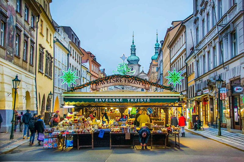 Christmas Market, Prague, czech republic, stands, people, houses, street, lights, HD wallpaper