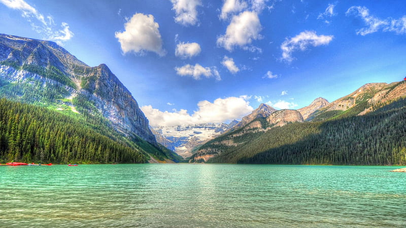 Canoeing on gorgeous lake louise in canada r, forest, mountains, canoes ...