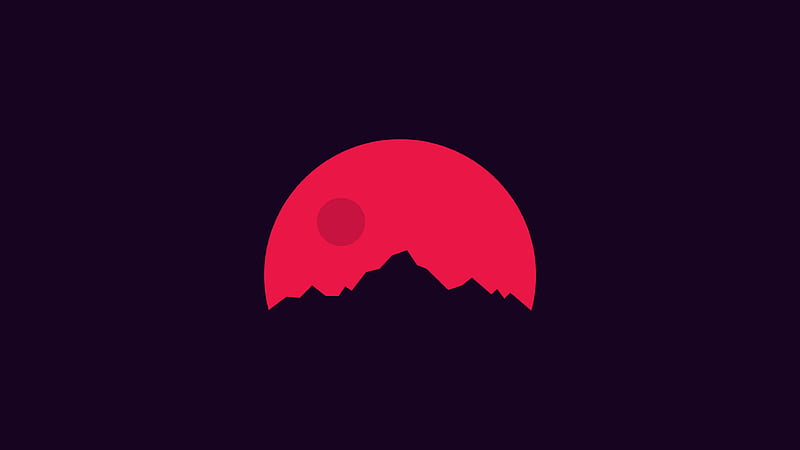 mountains silhouette, red sun, sunset, minimal, HD wallpaper