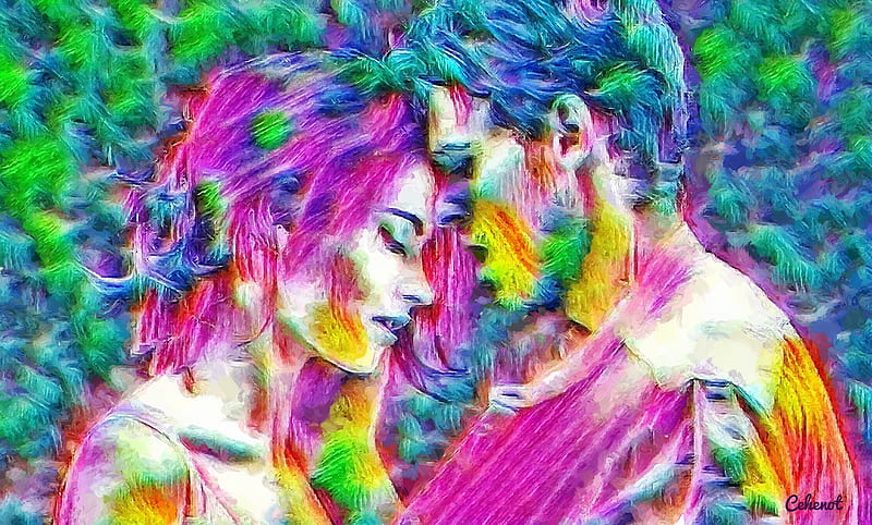 Romeo and Juliet, Lily James, art, Richard Madden, yellow, man, cehenot, abstract, girl, green, actress, painting, pictura, pink, couple, actor, blue, HD wallpaper