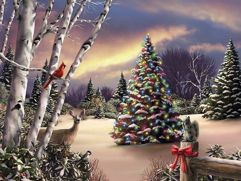 Christmas Time, fence, decoration, trees, clouds, artwork, deer, winter, sk, bird, snow, painting, cardinal, HD wallpaper