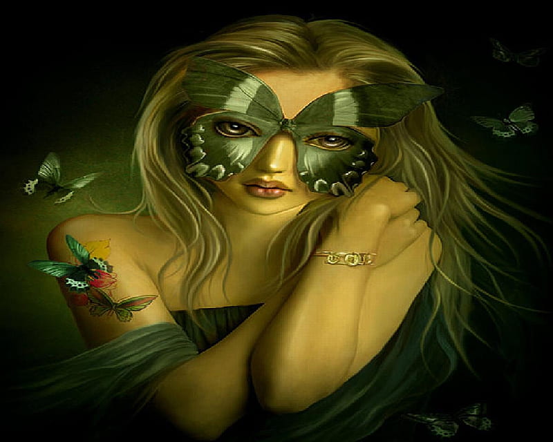 Butterfly Mask, tat, butterflies, woman, brown eyes, HD wallpaper