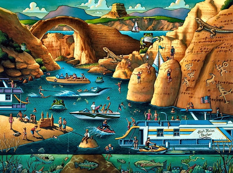 Lake Powell, art, USA, vacation, illustration, lake, artwork, water, painting, wide screen, scenery, landscape, Utah, HD wallpaper