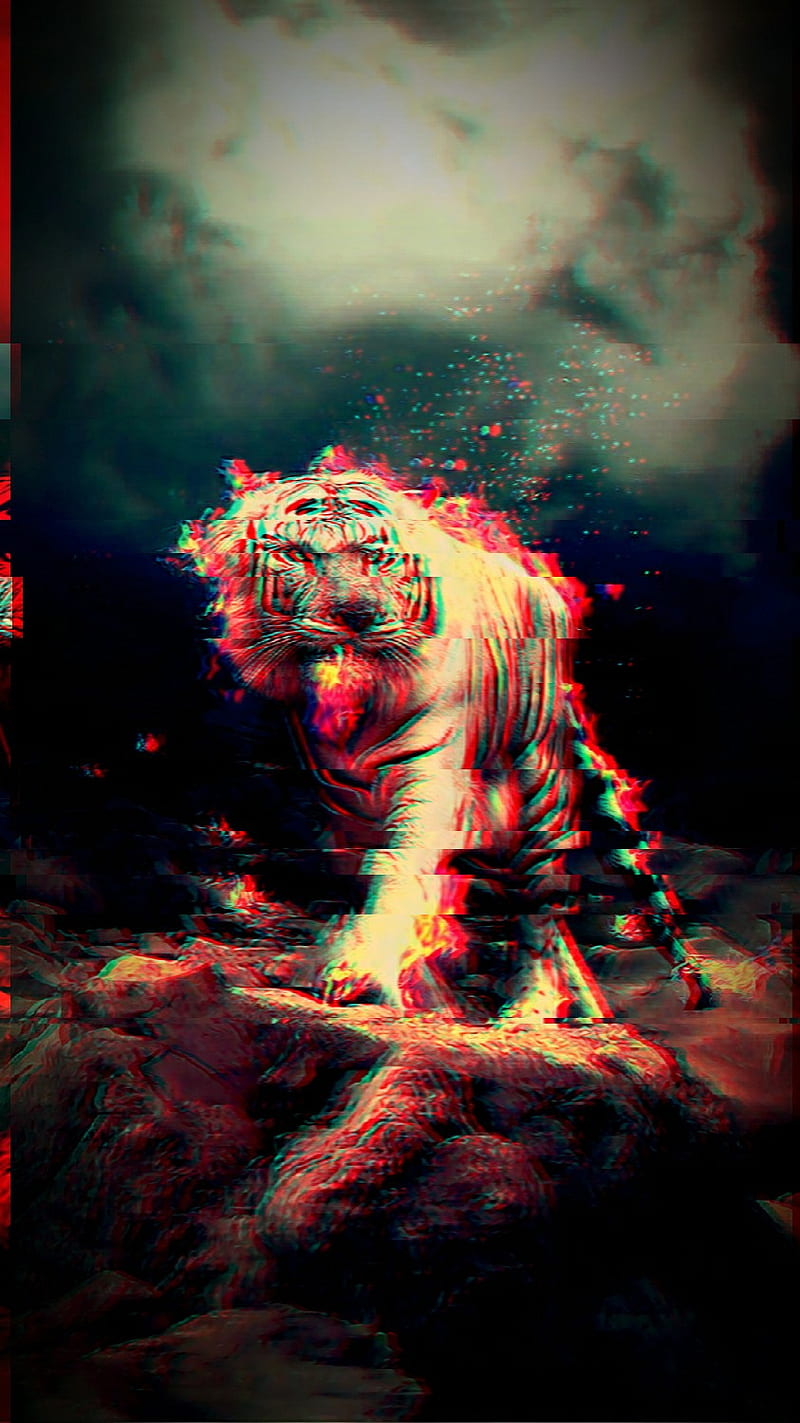 Tiger, awesome, cool, fire, funny, glitch, graplenn, lion, HD phone wallpaper
