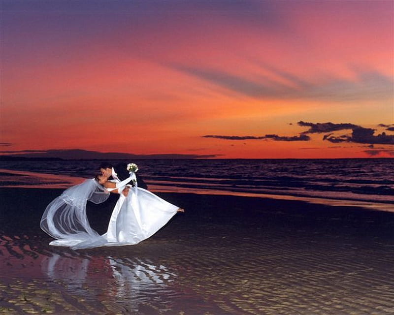 Cape Cod couple dip in sunset, beach, ocean, cape cod, color, sunset, sky, wedding, massachusetts, HD wallpaper
