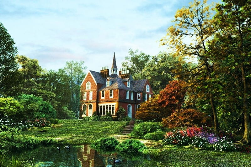 Country Manor, pond, house, painting, park, trees, artwork, HD wallpaper