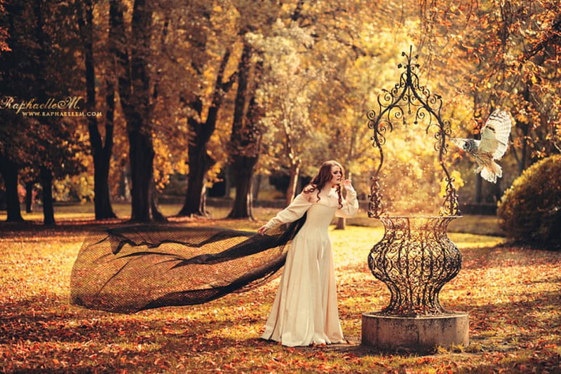 The Well of Mystery, autumn, model, lady, well, HD wallpaper