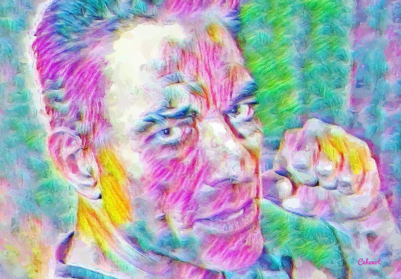 Jean-Claude Van Damme, art, yellow, man, cehenot, abstract, green, painting, hand, face, portrait, pictura, pink, actor, blue, HD wallpaper
