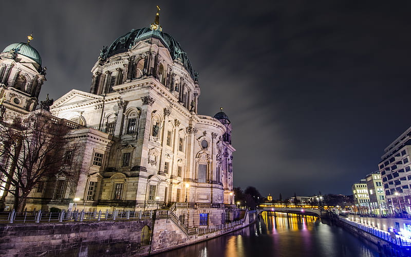 Berlin Cathedral Berliner Dom, night, Berlin, german landmarks, Germany, Europe, HD wallpaper