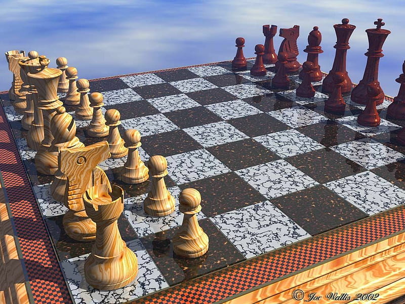 Chess board, king, red, concentration, game, queen, marble, clouds, illustration, 2002, texture, carving, gris, reflection, wood, blue, joe wallis, introspective, shadow, rook, cream, pawn, knight, HD wallpaper
