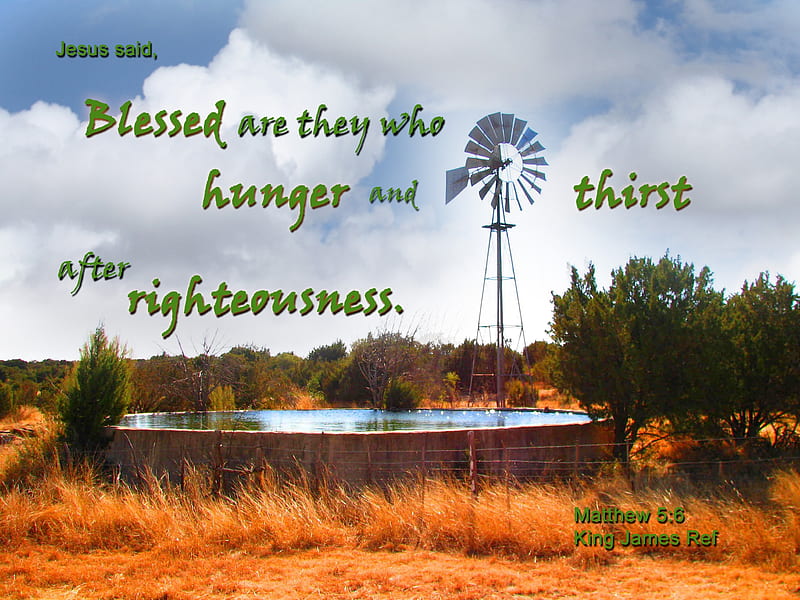 Thirst for Righteousness, windmill, water, grass, Bible, stocktank, trees, clouds, sky, HD wallpaper