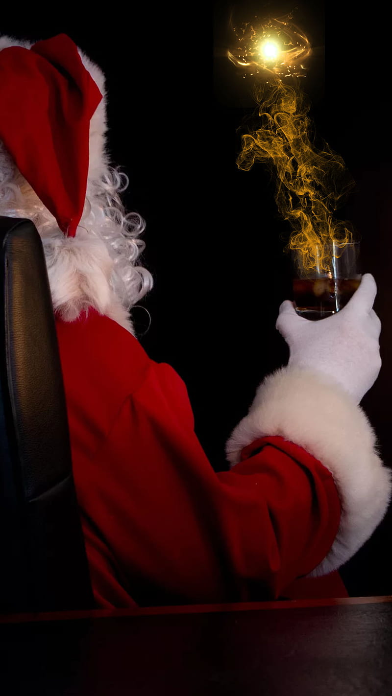 Santa, santa clause, drink, whisky, cup, christmas, back, chair, HD phone wallpaper