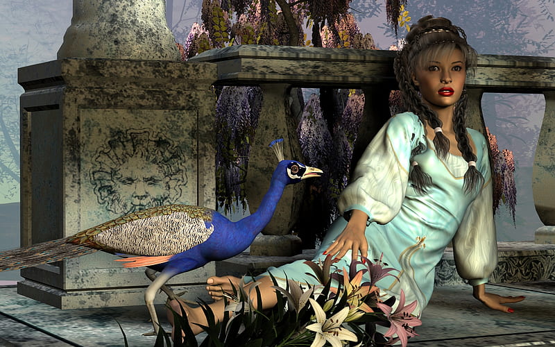 Miki and the Peacock, peacock, female, fantasy, daz3d, HD wallpaper